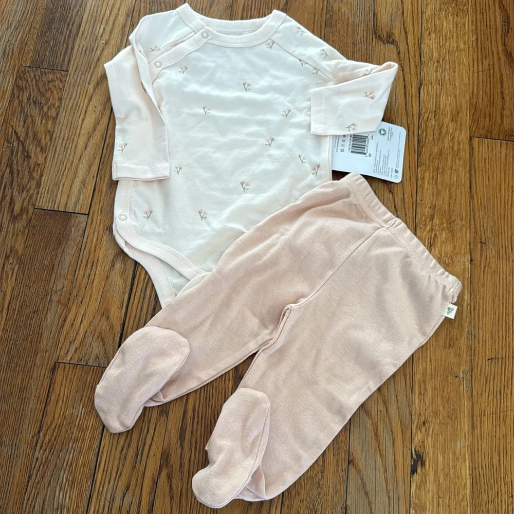 NWT Burts Bees Baby girl organic footed pajama and kimono footed pant set 0/3 - Picture 2 of 4
